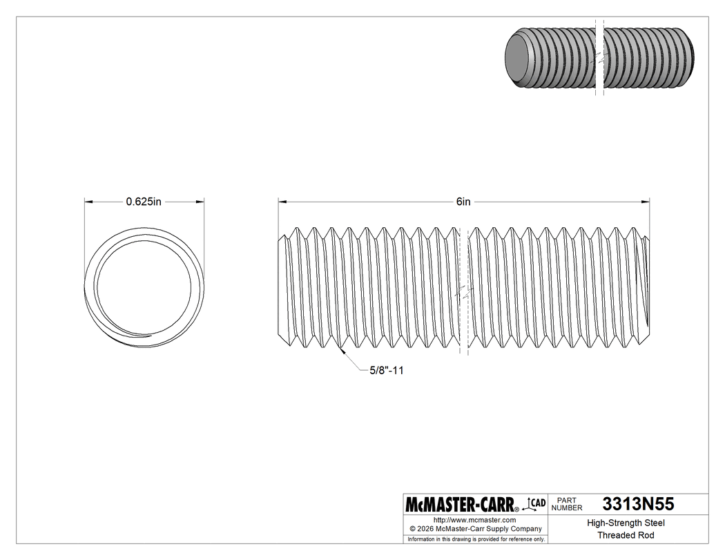 Technical Drawing of High-Strength Steel Threaded Rod, Zinc Yellow-Chromate Plated, 5/8"-11 Thread Size, 6" Long.
